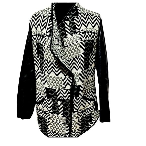 Textured Woven Cardigan Front Sweater W/Leather Sleeve and Trim Small - Picture 1 of 16